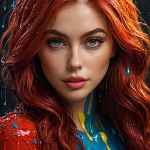 splash art, a quirky liquid portrait of a hauntingly beautiful model woman,red hair woman, splash style of paint, Pixar style, Halloween colors, hyper detailed intricately detailed, fantastical, intricate detail, splash screen, liquid, gooey, slime, splashy, fantasy, concept art, 8k resolution, masterpiece, melting, complex background, intricate detailed, dark colors, fantasy, concept art, digital art, intricate, oil on canvas, masterpiece, expert, insanely detailed, 4k resolution.,dripping paint