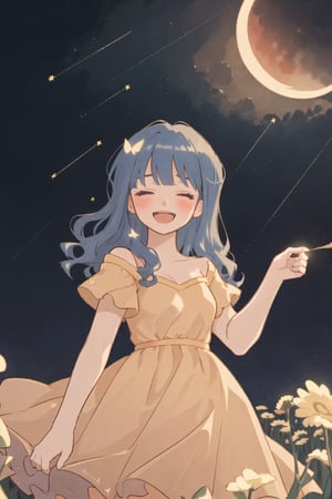 1girl, :d, blue hair, blush, bug, butterfly, closed eyes, constellation, crescent moon, curly hair, dress, field, flower, flower field, light particles, long hair, moon, night, night sky, open mouth, shooting star, sky, smile, solo, space, star \(sky\), starry sky, starry sky print, wavy hair