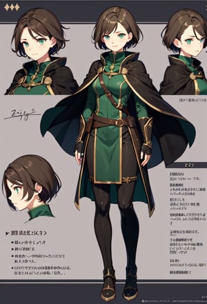 Joung Girl, one girl two poses, green eyes, ligth brown short hair, fantasy brown and green clothes, brown cape, medium skirt, full body, fire emblen gba character, marck the tactician, basic colors, character sheet, withe background, nsfw, 