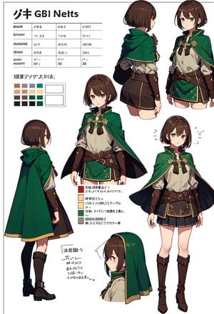 Joung Girl, one girl two poses, green eyes, ligth brown short hair, fantasy brown and green clothes, brown cape, medium skirt, full body, fire emblen gba character, marck the tactician, basic colors, character sheet, withe background, nsfw, 