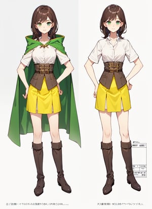 Joung Girl, green eyes, dark brown long hair, fantasy brown and green clothes, brown cape, short skirt, character sheet, withe background, nsfw, 