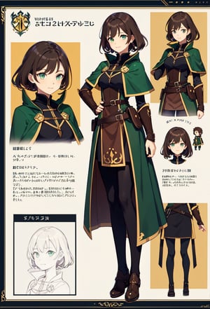 Joung Girl, one girl two poses, green eyes, ligth brown hair, fantasy brown and green clothes, brown cape, medium skirt, full body, fire emblen character, marck the tactician, basic colors, character sheet, withe background, nsfw, 