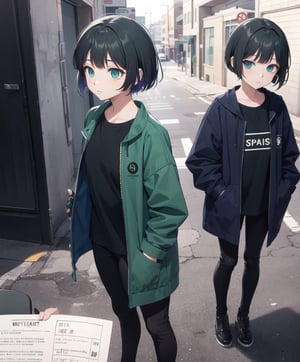 Girl, zombie apocalypse survived girl, bluish black short hair, blue eyes, withe skin, black sports medium pants, bluish green jacket, hands in the pocket, dangerous fellows style, no text character sheet, withe background, pasan, short hair