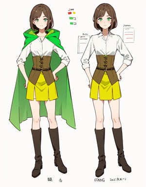 Joung Girl, green eyes, dark brown long hair, fantasy brown and green clothes, brown cape, character sheet, withe background, nsfw, 