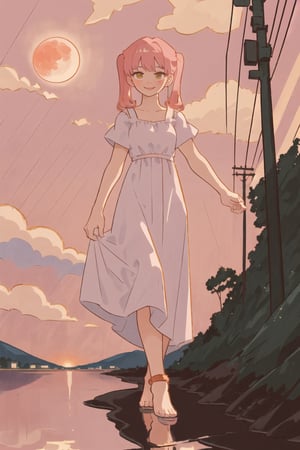 building, city, cityscape, cloud, cloudy sky, dusk, evening, flower, gradient sky, horizon, house, mountain, no humans, orange sky, outdoors, pink background, pink theme, power lines, purple sky, red sky, scenery, sky, sun, sunset, tree, twilight, utility pole, water,1girl, anklet, bangs, black dress, dress, full body, full moon, jewelry, long hair, looking at viewer, moon, night, pink hair, red moon, short sleeves, smile, solo, standing, twintails.