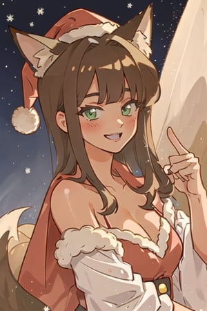 Woman, fox ears. Mature. Tanned skin color. The green eyes, short brown hair, Santa hat, scene, smiling, snow, winter, digital art