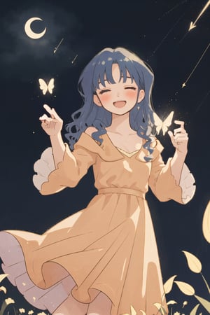 1girl, :d, blue hair, blush, bug, butterfly, closed eyes, constellation, crescent moon, curly hair, dress, field, flower, flower field, light particles, long hair, moon, night, night sky, open mouth, shooting star, sky, smile, solo, space, star \(sky\), starry sky, starry sky print, wavy hair