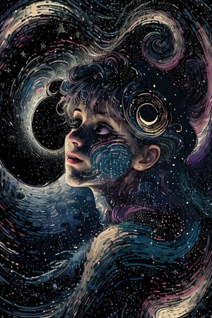 a woman with a crescent in her hair a night sky background with stars, swirls in the background, a crescent in the sky,a sky with stars and a full moon, depth of field , extremely detailed textures , ultra sharp details 