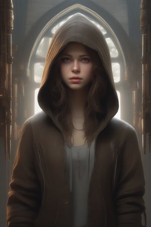 A teenager girl with slightly pale skin, dark brown eyes , short light brown hair , She wearing clothes with a hood , horror movie style , sf, intricate artwork masterpiece, ominous, matte painting movie poster, golden ratio, trending on cgsociety, intricate, epic, trending on artstation, by artgerm, h. r. giger and beksinski, highly detailed, vibrant, production cinematic character render, ultra high quality model