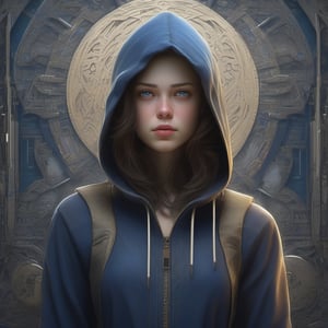 A teenager girl with slightly pale skin, dark blue eyes , short light brown hair , She wearing clothes with a hood , horror movie style , sf, intricate artwork masterpiece, ominous, matte painting movie poster, golden ratio, trending on cgsociety, intricate, epic, trending on artstation, by artgerm, h. r. giger and beksinski, highly detailed, vibrant, production cinematic character render, ultra high quality model