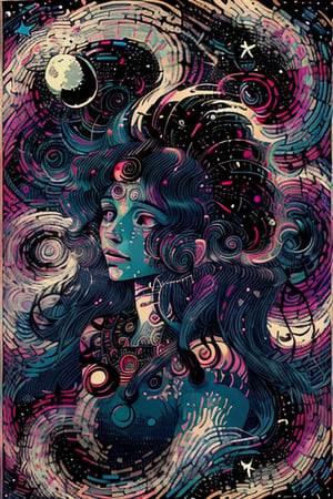 a woman with a crescent in her hair a night sky background with stars, swirls in the background, a crescent in the sky,a sky with stars and a full moon, depth of field , extremely detailed textures , ultra sharp details 