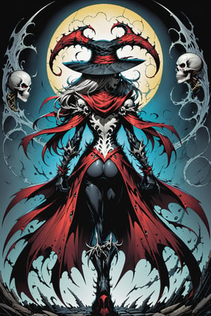 midshot, cel-shading style, centered image, ultra detailed illustration of the comic character ((female Spawn Which by Todd McFarlane)), posing, Black, dress with a skull emblem, ((wearing a large rimmed Single pointed hat)), ((View from Behind she's looking over her shoulder)), ((Full Body)), ((View from behind)), (tetradic colors), inkpunk, ink lines, strong outlines, art by MSchiffer, bold traces, unframed, high contrast, cel-shaded, vector, 4k resolution, best quality, (chromatic aberration:1.8)