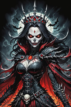 midshot, cel-shading style, centered image, ultra detailed illustration of the comic character (( female Spawn  Halloween-style fantasy world image featuring a terrifying undead Queen with a skull face and glowing red eyes. Envision the Queen adorned in torn black and red dark clothes, wielding a deadly, sinister spiky weapon. Specify a dark fantasy-style atmosphere with chilling details, capturing the sinister essence of this undead monarch. Request a visually striking composition that blends the elements of horror and fantasy, creating a haunting masterpiece perfect for the Halloween theme by, Todd McFarlane)), posing,  he has black  in traditional Indian attire with a skull emblem, ((holding a A spear)),  (((Full Body))), (((perfect hands))),(((realistic hands))),(((accurate hands))), (tetradic colors), inkpunk, ink lines, strong outlines, art by MSchiffer, bold traces, unframed, high contrast, cel-shaded, vector, 4k resolution, best quality, (chromatic aberration:1.8)