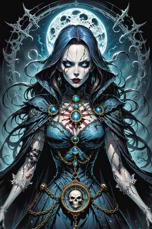 midshot, cel-shading style, centered image, ultra detailed illustration of the comic character ((female Spawn Victorian horror theme, a character of a spectral figure known as the "Haunted Harbinger", a ghostly apparition of a long-dead aristocrat, wears a tattered once-opulent suit adorned with decayed medals and frayed lace, translucent skin glows with an ethereal blue light,  eyes are empty sockets that emit a ghostly mist, chains hang from its wrists and ankles dragging along the ground with a haunting clatter, twisted face in eternal agony, carries a spectral lantern that casts an eerie flickering light by, Todd McFarlane)), posing,  with a skull emblem, ((holding a spear)), (((Full Body))),(((perfect hands))), (((accurate hands))), (((realistic hands))), (tetradic colors), inkpunk, ink lines, strong outlines, art by MSchiffer, bold traces, unframed, high contrast, cel-shaded, vector, 4k resolution, best quality, (chromatic aberration:1.8)