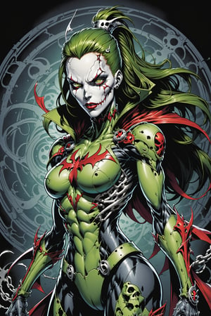 midshot, cel-shading style, centered image, ultra detailed illustration of the comic character ((Female Spawn  cyborg by Todd McFarlane)), posing, Olive Green gray and black suit with a skull emblem, ((Full Body)), ornate background, (tetradic colors), inkpunk, ink lines, strong outlines, art by MSchiffer, bold traces, unframed, high contrast, cel-shaded, vector, 4k resolution, best quality, (chromatic aberration:1.8)