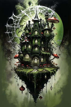 Ultra-wide-angle, photorealistic medieval gothic steam punk shot of an exciting fusion between Spawn and (((A creepy house, spiderweb and a large mushrooms))) in a new character that embodies elements of both, (((spiderwebs))), silver mechanical gears in the background, people, see. Black and Olive green, light, green and red, ink Flow - 8k Resolution Photorealistic Masterpiece - by Aaron Horkey and Jeremy Mann - Intricately Detailed. fluid gouache painting: by Jean Baptiste Mongue: calligraphy: acrylic: colorful watercolor, cinematic lighting, maximalist photoillustration: by marton bobzert: 8k resolution concept art, intricately detailed realism, complex, elegant, expansive, fantastical and psychedelic, dripping paint , in the chasm of the empire estate, night, the moon, buildings, reflections, wings, and other elements need to stay in frame,(isolate object)