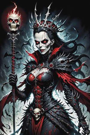 midshot, cel-shading style, centered image, ultra detailed illustration of the comic character (( female Spawn  Halloween-style fantasy world image featuring a terrifying undead Queen with a skull face and glowing red eyes. Envision the Queen adorned in torn black and red dark clothes, wielding a deadly, sinister spiky weapon. Specify a dark fantasy-style atmosphere with chilling details, capturing the sinister essence of this undead monarch. Request a visually striking composition that blends the elements of horror and fantasy, creating a haunting masterpiece perfect for the Halloween theme by, Todd McFarlane)), posing,  he has black  in traditional Indian attire with a skull emblem, ((holding a A spear)),  (((Full Body))), (((perfect hands))),(((realistic hands))),(((accurate hands))), (tetradic colors), inkpunk, ink lines, strong outlines, art by MSchiffer, bold traces, unframed, high contrast, cel-shaded, vector, 4k resolution, best quality, (chromatic aberration:1.8)