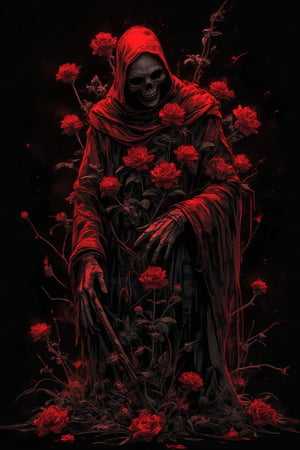 abstract art, a death reaper stand with many of darkness red flower, poster style, cinematic mood, low key style, black background, the art so complex with grunge stroke,cinematicxhan,grungeartxhan83,hanxdeadcyborg83