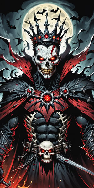 midshot, cel-shading style, centered image, ultra detailed illustration of the comic character (( Spawn   Halloween-style fantasy world image featuring a terrifying undead king with a skull face and glowing red eyes. Envision the king adorned in torn black and red dark clothes, wielding a deadly, sinister spiky weapon. Specify a dark fantasy-style atmosphere with chilling details, capturing the sinister essence of this undead monarch. Request a visually striking composition that blends the elements of horror and fantasy, creating a haunting masterpiece perfect for the Halloween theme by, Todd McFarlane)), posing,  he has black  in traditional Indian attire with a skull emblem, ((holding a A spear)),  (((Full Body))), (((perfect hands))),(((realistic hands))),(((accurate hands))), (tetradic colors), inkpunk, ink lines, strong outlines, art by MSchiffer, bold traces, unframed, high contrast, cel-shaded, vector, 4k resolution, best quality, (chromatic aberration:1.8)