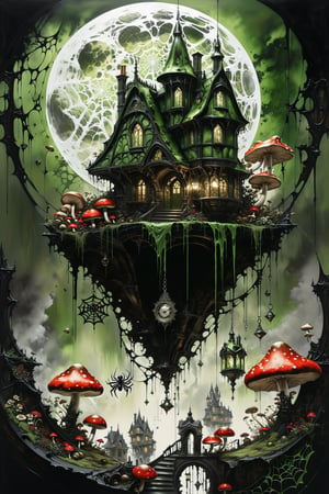 Ultra-wide-angle, photorealistic medieval gothic steam punk shot of an exciting fusion between Spawn and (((A creepy house, spiderweb and a large mushrooms hanging over the house))) in a new character that embodies elements of both, (((spiderwebs))), silver mechanical gears in the background, people, see. Black and Olive green, light, green and red, ink Flow - 8k Resolution Photorealistic Masterpiece - by Aaron Horkey and Jeremy Mann - Intricately Detailed. fluid gouache painting: by Jean Baptiste Mongue: calligraphy: acrylic: colorful watercolor, cinematic lighting, maximalist photoillustration: by marton bobzert: 8k resolution concept art, intricately detailed realism, complex, elegant, expansive, fantastical and psychedelic, dripping paint , in the chasm of the empire estate, night, the moon, buildings, reflections, wings, and other elements need to stay in frame,(isolate object)