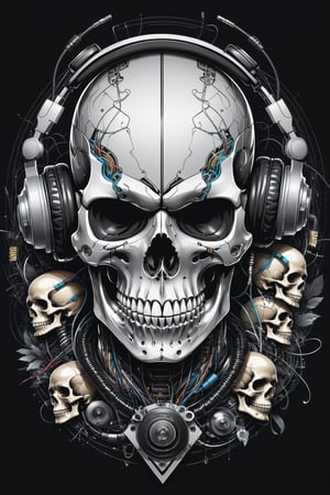 

A mesmerizing, ultra-detailed illustration  in a It's just three skull characters cyborg skull robot portrait inside a triangle, they mixing, like tekno tribe visual free party with speaker and sub bass around him, audio speaker sono Inside and Intricate cable and electronic device in vector illustration design, black and withe, no grey level, illustration with black background no gradient, logo style, for printing ready  in a powerful pose, High-key lighting illuminates the scene, showcasing the perfect anatomy, Strong outlines and bold traces define the cel-shaded, vector illustration, rendered in 4K resolution. The overall atmosphere is unsettling yet motivational, evoking the styles of Glenn Brown, Carne Griffiths, Alex Ross, Artgerm, James Jean Bangs, and Todd mcfarland