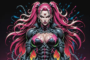 midshot, cel-shading style, centered image, ultra detailed illustration of the comic character ((female Spawn warrior woman, by Todd McFarlane)), posing, extremely muscular overly muscular large breast extremely extremely muscular, black, neon pink, suit with a belt with a skull on it, long pale pink hair in a tall, single ponytail, ((view from Behind she’s looking over her shoulder)),  ((Full Body)), ((view from behind)), ((holding chains in her hand)), splatters of paint in the background glowing neon, perfect hands, (tetradic colors), inkpunk, ink lines, strong outlines, art by MSchiffer, bold traces, unframed, high contrast, cel-shaded, vector, 4k resolution, best quality, (chromatic aberration:1.8)
