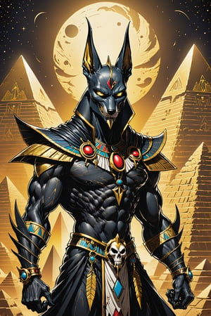 midshot, cel-shading style, centered image, ultra detailed illustration of the comic character ((Spawn     Egyptian Anubis by Todd McFarlane)), posing, gold rust, and black suit with a skull emblem, ((creepy pyramids in the background at night )), ((Full Body)), perfect hands, ornate background, perfect hands, (tetradic colors), inkpunk, ink lines, strong outlines, art by MSchiffer, bold traces, unframed, high contrast, cel-shaded, vector, 4k resolution, best quality, (chromatic aberration:1.8)