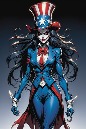 midshot, cel-shading style, centered image, ultra detailed illustration of the comic character ((female Spawn Uncle Sam, by Todd McFarlane)), posing, long black long hair, Red white and blue, suit with Blue suit, ((View from Behind she's looking over her shoulder)),  ((Full Body)), ((View from behind)), (tetradic colors), inkpunk, ink lines, strong outlines, art by MSchiffer, bold traces, unframed, high contrast, cel-shaded, vector, 4k resolution, best quality, (chromatic aberration:1.8)
