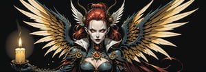 midshot, cel-shading style, centered image, ultra detailed illustration of the comic character ((female Spawn a steampunk faerie, her delicate wings shimmering in the soft glow of candlelight, by Todd McFarlane)), posing, in black and bronze suit with a skull emblem, ((holding a candle in one hand)), ((perfect hands)), ((closed hands)), ((Half Body)), (tetradic colors), inkpunk, ink lines, strong outlines, art by MSchiffer, bold traces, unframed, high contrast, cel-shaded, vector, 4k resolution, best quality, (chromatic aberration:1.8)