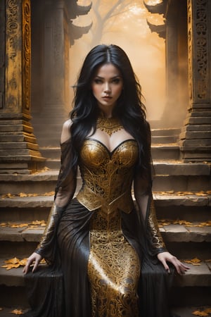 Hauntingly beautiful woman posed on weathered temple steps, shrouded in thick golden fog that morphs into eerie aura. Softly lit by warm orange-golden tones, her pale skin and black hair contrast against dark brown leather attire, complete with intricate filigree patterns. Dripping oil textures add a sense of decay to the scene. Her closed hands cradle her muscular figure, emphasizing its definition. The dramatic lighting casts stark catchlights and shadows, highlighting her haunting beauty amidst the desolate temple backdrop.