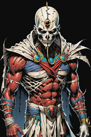 midshot, cel-shading style, centered image, ultra detailed illustration of the comic character ((male Spawn Egyptian mummy, by Todd McFarlane)), posing, wrapped in tattered bandages all over the body, ((Full Body)), (tetradic colors), inkpunk, ink lines, strong outlines, art by MSchiffer, bold traces, unframed, high contrast, cel-shaded, vector, 4k resolution, best quality, (chromatic aberration:1.8)