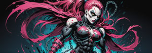 midshot, cel-shading style, centered image, ultra detailed illustration of the comic character ((female Spawn warrior woman, by Todd McFarlane)), posing, extremely muscular overly muscular large breast extremely extremely muscular, black, neon pink, suit with a belt with a skull on it, long pale pink hair in a tall, single ponytail, ((view from Behind she’s looking over her shoulder)),  ((Full Body)), ((view from behind)), ((holding chains in her hand)), splatters of paint in the background glowing neon, perfect hands, (tetradic colors), inkpunk, ink lines, strong outlines, art by MSchiffer, bold traces, unframed, high contrast, cel-shaded, vector, 4k resolution, best quality, (chromatic aberration:1.8)