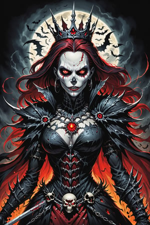 midshot, cel-shading style, centered image, ultra detailed illustration of the comic character (( female Spawn  Halloween-style fantasy world image featuring a terrifying undead Queen with a skull face and glowing red eyes. Envision the Queen adorned in torn black and red dark clothes, wielding a deadly, sinister spiky weapon. Specify a dark fantasy-style atmosphere with chilling details, capturing the sinister essence of this undead monarch. Request a visually striking composition that blends the elements of horror and fantasy, creating a haunting masterpiece perfect for the Halloween theme by, Todd McFarlane)), posing,  he has black  in traditional Indian attire with a skull emblem, ((holding a A spear)),  (((Full Body))), (((perfect hands))),(((realistic hands))),(((accurate hands))), (tetradic colors), inkpunk, ink lines, strong outlines, art by MSchiffer, bold traces, unframed, high contrast, cel-shaded, vector, 4k resolution, best quality, (chromatic aberration:1.8)