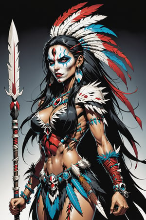 midshot, cel-shading style, centered image, ultra detailed illustration of the comic character ((female Spawn American Indian, by Todd McFarlane)), posing,  he has black  in traditional Indian attire with a skull emblem, ((holding a spear)), Indian TP in the background)),  (((Full Body))), (tetradic colors), inkpunk, ink lines, strong outlines, art by MSchiffer, bold traces, unframed, high contrast, cel-shaded, vector, 4k resolution, best quality, (chromatic aberration:1.8)