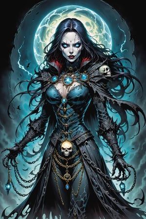 midshot, cel-shading style, centered image, ultra detailed illustration of the comic character ((female Spawn Victorian horror theme, a character of a spectral figure known as the "Haunted Harbinger", a ghostly apparition of a long-dead aristocrat, wears a tattered once-opulent suit adorned with decayed medals and frayed lace, translucent skin glows with an ethereal blue light,  eyes are empty sockets that emit a ghostly mist, chains hang from its wrists and ankles dragging along the ground with a haunting clatter, twisted face in eternal agony, carries a spectral lantern that casts an eerie flickering light by, Todd McFarlane)), posing,  with a skull emblem, ((holding a spear)), (((Full Body))),(((perfect hands))), (((accurate hands))), (((realistic hands))), (tetradic colors), inkpunk, ink lines, strong outlines, art by MSchiffer, bold traces, unframed, high contrast, cel-shaded, vector, 4k resolution, best quality, (chromatic aberration:1.8)