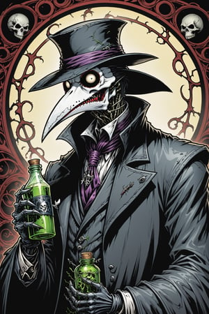 midshot, cel-shading style, centered image, ultra detailed illustration of the comic character ((Spawn  Plague Doctor by Todd McFarlane)), posing, gray and black suit with a skull emblem, ((holding bottle of poison)), ((close-up of his face)), ornate background, (tetradic colors), inkpunk, ink lines, strong outlines, art by MSchiffer, bold traces, unframed, high contrast, cel-shaded, vector, 4k resolution, best quality, (chromatic aberration:1.8)