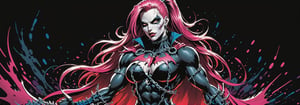 midshot, cel-shading style, centered image, ultra detailed illustration of the comic character ((female Spawn warrior woman, by Todd McFarlane)), posing, extremely muscular overly muscular large breast extremely extremely muscular, black, neon pink, suit with a belt with a skull on it, long pale pink hair in a tall, single ponytail, ((view from Behind she’s looking over her shoulder)),  ((Full Body)), ((view from behind)), ((holding chains in her hand)), splatters of paint in the background glowing neon, perfect hands, (tetradic colors), inkpunk, ink lines, strong outlines, art by MSchiffer, bold traces, unframed, high contrast, cel-shaded, vector, 4k resolution, best quality, (chromatic aberration:1.8)