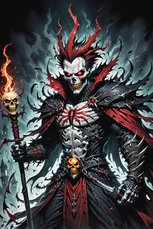 midshot, cel-shading style, centered image, ultra detailed illustration of the comic character (( Spawn   Halloween-style fantasy world image featuring a terrifying undead king with a skull face and glowing red eyes. Envision the king adorned in torn black and red dark clothes, wielding a deadly, sinister spiky weapon. Specify a dark fantasy-style atmosphere with chilling details, capturing the sinister essence of this undead monarch. Request a visually striking composition that blends the elements of horror and fantasy, creating a haunting masterpiece perfect for the Halloween theme by, Todd McFarlane)), posing,  he has black  in traditional Indian attire with a skull emblem, ((holding a A spear)),  (((Full Body))), (((perfect hands))),(((realistic hands))),(((accurate hands))), (tetradic colors), inkpunk, ink lines, strong outlines, art by MSchiffer, bold traces, unframed, high contrast, cel-shaded, vector, 4k resolution, best quality, (chromatic aberration:1.8)