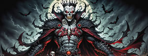 midshot, cel-shading style, centered image, ultra detailed illustration of the comic character (( Spawn   Halloween-style fantasy world image featuring a terrifying undead king with a skull face and glowing red eyes. Envision the king adorned in torn black and red dark clothes, wielding a deadly, sinister spiky weapon. Specify a dark fantasy-style atmosphere with chilling details, capturing the sinister essence of this undead monarch. Request a visually striking composition that blends the elements of horror and fantasy, creating a haunting masterpiece perfect for the Halloween theme by, Todd McFarlane)), posing,  he has black  in traditional Indian attire with a skull emblem, ((holding a A spear)),  (((Full Body))), (((perfect hands))),(((realistic hands))),(((accurate hands))), (tetradic colors), inkpunk, ink lines, strong outlines, art by MSchiffer, bold traces, unframed, high contrast, cel-shaded, vector, 4k resolution, best quality, (chromatic aberration:1.8)