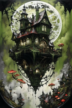 Ultra-wide-angle, photorealistic medieval gothic steam punk shot of an exciting Fusion (((A creepy house, spiderweb and a large mushrooms hanging over the house))) in a new character that embodies elements of both, (((spiderwebs))), silver mechanical gears in the background, people, see. Black and Olive green, light, green and red, ink Flow - 8k Resolution Photorealistic Masterpiece - by Aaron Horkey and Jeremy Mann - Intricately Detailed. fluid gouache painting: by Jean Baptiste Mongue: calligraphy: acrylic: colorful watercolor, cinematic lighting, maximalist photoillustration: by marton bobzert: 8k resolution concept art, intricately detailed realism, complex, elegant, expansive, fantastical and psychedelic, dripping paint , in the chasm of the empire estate, night, the moon, buildings, reflections, wings, and other elements need to stay in frame,(isolate object)