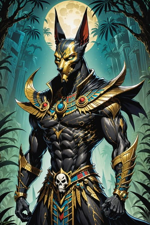 midshot, cel-shading style, centered image, ultra detailed illustration of the comic character ((Spawn     Egyptian Anubis by Todd McFarlane)), posing, gold rust, and black suit with a skull emblem, ((creepy jungle at night in the background)), ((Full Body)), perfect hands, ornate background, perfect hands, (tetradic colors), inkpunk, ink lines, strong outlines, art by MSchiffer, bold traces, unframed, high contrast, cel-shaded, vector, 4k resolution, best quality, (chromatic aberration:1.8)