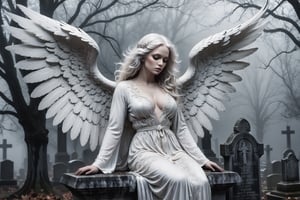 A hauntingly beautiful illustration: A White angel perches atop a weathered gravestone in a desolate cemetery, shrouded in thick fog that morphs into a ghostly aura. Dramatic lighting creates stark catchlights and shadows, highlighting the angel's pale skin, filigree, and Zentangle patterns, rendered in bold strokes against darkness. The angel's closed hands cradle her curvy figure, emphasizing her muscular physique. wearing a long White robe, Her White and black two-tone hair cascades down her back, framing a captivating close-up portrait.