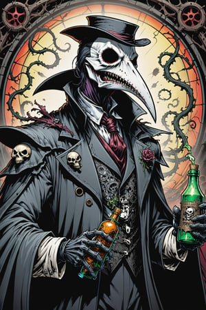 midshot, cel-shading style, centered image, ultra detailed illustration of the comic character ((Spawn  Plague Doctor by Todd McFarlane)), posing, gray and black suit with a skull emblem, ((holding bottle of poison)), ((close-up of his face)), ornate background, (tetradic colors), inkpunk, ink lines, strong outlines, art by MSchiffer, bold traces, unframed, high contrast, cel-shaded, vector, 4k resolution, best quality, (chromatic aberration:1.8)