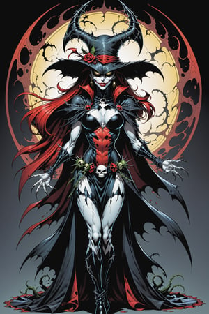 midshot, cel-shading style, centered image, ultra detailed illustration of the comic character ((female Spawn Which by Todd McFarlane)), posing, Black, dress with a skull emblem, ((wearing a large rim pointed hat)),   ((Full Body)), (tetradic colors), inkpunk, ink lines, strong outlines, art by MSchiffer, bold traces, unframed, high contrast, cel-shaded, vector, 4k resolution, best quality, (chromatic aberration:1.8)