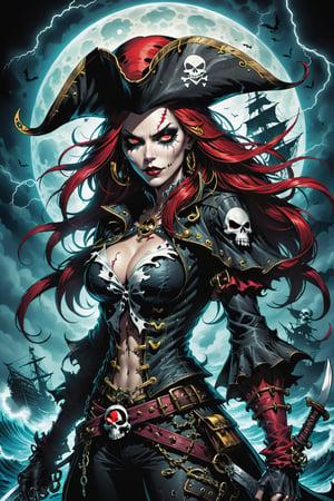 midshot, cel-shading style, centered image, ultra detailed illustration of the comic character ((Female Spawn ,A visually stunning and eerie double exposure artwork, featuring a semi-silhouette of a sinister skull-faced pirate figure. The figure dons a captivating pirate hat adorned with skull and crossbones, with glowing red eyes that exude evil intent. The female pirate's silhouette reveals the intricate detailing of a ghostly pirate ship within, complete with tattered sails fluttering in the wind. The stormy ocean is filled with lightning, and the full moon casts a vibrant glow across the scene, illuminating the ship's rigging and the dark waves. The background is a deep black, allowing the intricate details and vibrant colors to stand out, creating a truly mesmerizing and conceptual dark fantasy masterpiece., portrait photography, photo, illustration, vibrant, conceptual art, dark fantasy by Todd McFarlane)), posing,  ((Full Body)), ((perfect hands)), ((accurate number of fingers)), (tetradic colors), inkpunk, ink lines, strong outlines, art by MSchiffer, bold traces, unframed, high contrast, cel-shaded, vector, 4k resolution, best quality, (chromatic aberration:1.8)