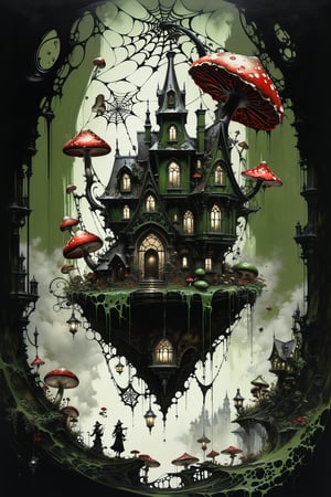 Ultra-wide-angle, photorealistic medieval gothic steam punk shot of an exciting Fusion (((A creepy house, spiderweb and a large mushrooms hanging over the house))) in a new character that embodies elements of both, (((spiderwebs))), silver mechanical gears in the background, people, see. Black and Olive green, light, green and red, ink Flow - 8k Resolution Photorealistic Masterpiece - by Aaron Horkey and Jeremy Mann - Intricately Detailed. fluid gouache painting: by Jean Baptiste Mongue: calligraphy: acrylic: colorful watercolor, cinematic lighting, maximalist photoillustration: by marton bobzert: 8k resolution concept art, intricately detailed realism, complex, elegant, expansive, fantastical and psychedelic, dripping paint , in the chasm of the empire estate, night, the moon, buildings, reflections, wings, and other elements need to stay in frame,(isolate object)