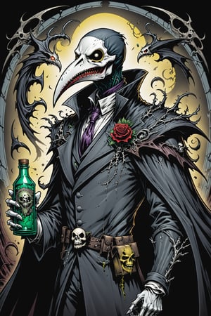 midshot, cel-shading style, centered image, ultra detailed illustration of the comic character ((Spawn  Plague Doctor by Todd McFarlane)), posing, gray and black suit with a skull emblem, ((holding bottle of poison)), ((Half Body)), ornate background, perfect hands, (tetradic colors), inkpunk, ink lines, strong outlines, art by MSchiffer, bold traces, unframed, high contrast, cel-shaded, vector, 4k resolution, best quality, (chromatic aberration:1.8)