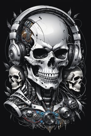 

A mesmerizing, ultra-detailed illustration  in a It's just three mens characters cyborg skull robot portrait inside a triangle, they mixing, like tekno tribe visual free party with speaker and sub bass around him, audio speaker sono Inside and Intricate cable and electronic device in vector illustration design, black and withe, no grey level, illustration with black background no gradient, logo style, for printing ready, in a powerful pose, High-key lighting illuminates the scene, showcasing the perfect anatomy, Strong outlines and bold traces define the cel-shaded, vector illustration, rendered in 4K resolution. The overall atmosphere is unsettling yet motivational, evoking the styles of Glenn Brown, Carne Griffiths, Alex Ross, Artgerm, James Jean Bangs, and Todd McFarlane.