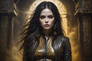 A hauntingly beautiful woman in a weathered creepy temple, shrouded in thick Golden-hued fog that morphs into an eerie aura. (Close-up of her face), Her pale skin and Black very, very long hair contrast against the dark Brown leather pants, button down shirt,  Brown leather jacket with filigree and Zentangle patterns, punctuated by dripping oil textures. Her closed hands cradle her muscular figure, emphasizing her very muscular figure. The dramatic lighting creates stark catchlights and shadows, highlighting her haunting beauty amidst a desolate creepy temple backdrop bathed in Golden hues.