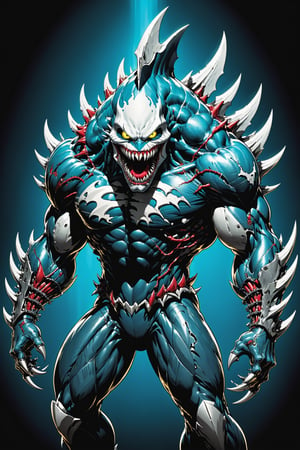 midshot, cel-shading style, centered image, ultra detailed illustration of the comic character ((Spawn , A cyborg Megalodon combines raw natural power with advanced technology. This fearsome creature features a blend of organic scales and sleek metallic components. His limbs are reinforced with steel plating and hydraulic joints, enhancing its strength and agility. Cybernetic eyes glow with a menacing light, capable of night vision and advanced targeting. The Megalodon claws are replaced with razor-sharp. This fusion of beast and machine creates a formidable predator, both in the wild and in combat scenarios.,exosuit, by Todd McFarlane)), posing, with a skull emblem,   (((Full Body))), accent color, gray,white, black and blue, (tetradic colors), inkpunk, ink lines, strong outlines, art by MSchiffer, bold traces, unframed, high contrast, cel-shaded, vector, 4k resolution, best quality, (chromatic aberration:1.8)